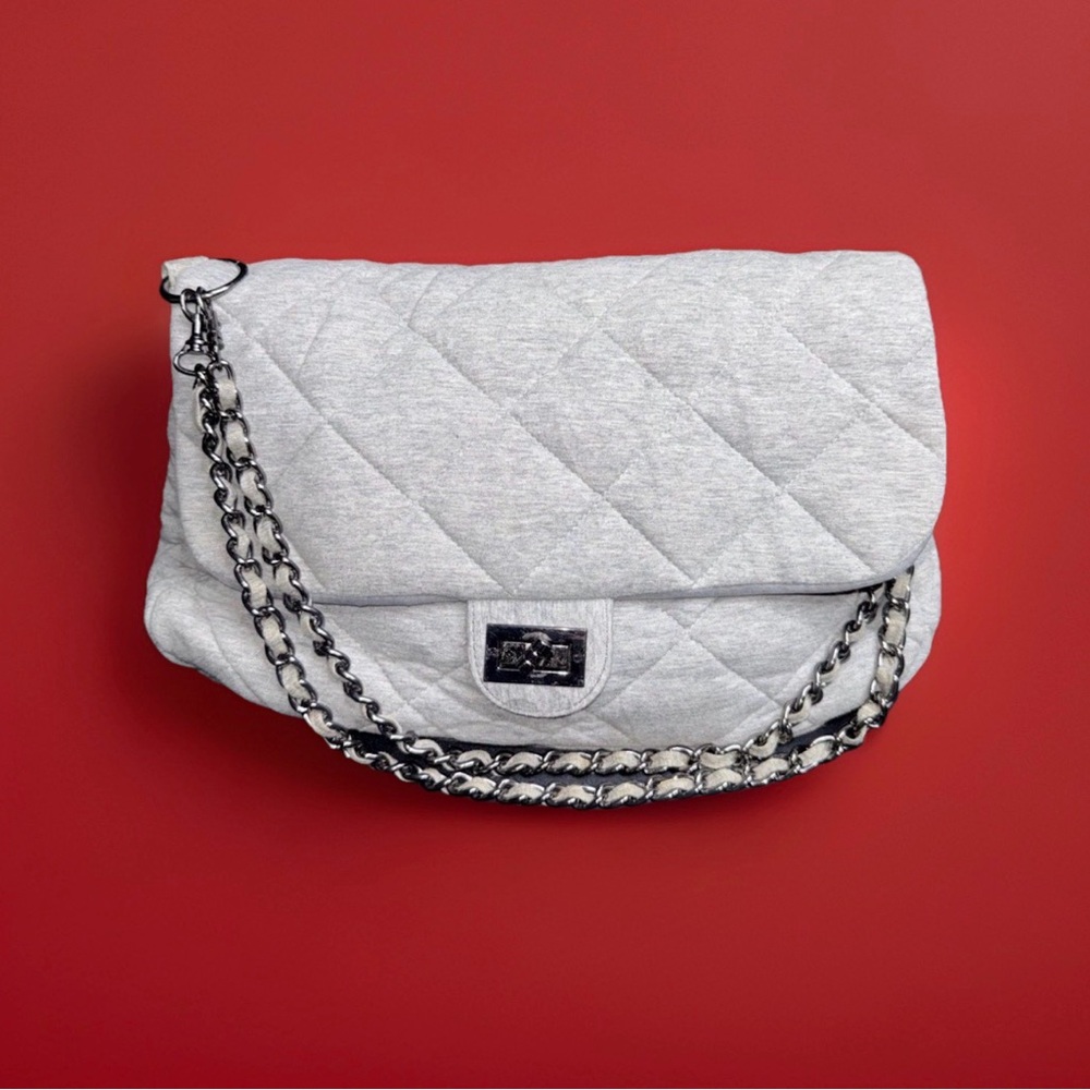 Quilted Chain-Handle Shoulder Bag - Light Gray